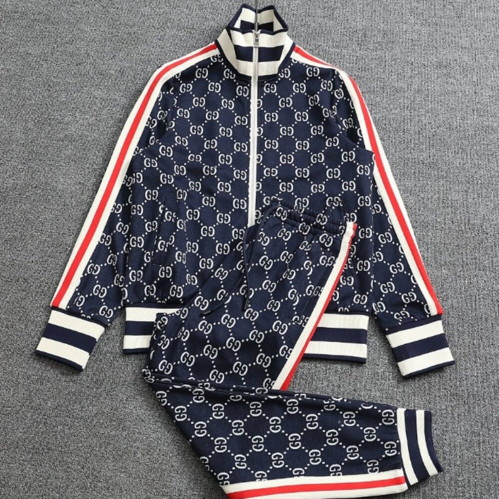 Gucci Blue and Red GG Monogram Bomber Jacket